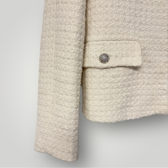 ZARA Cream / white blazer jacket Rhinestones Classy Simple Tweed Sz M - Picture 9 of 16